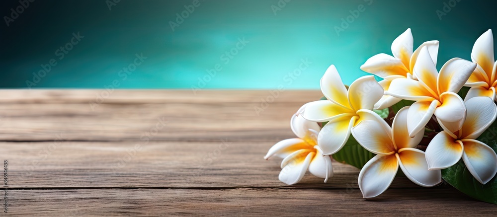 Poster white and yellow flowers elegantly placed on a wooden table, creating a serene and natural display. 