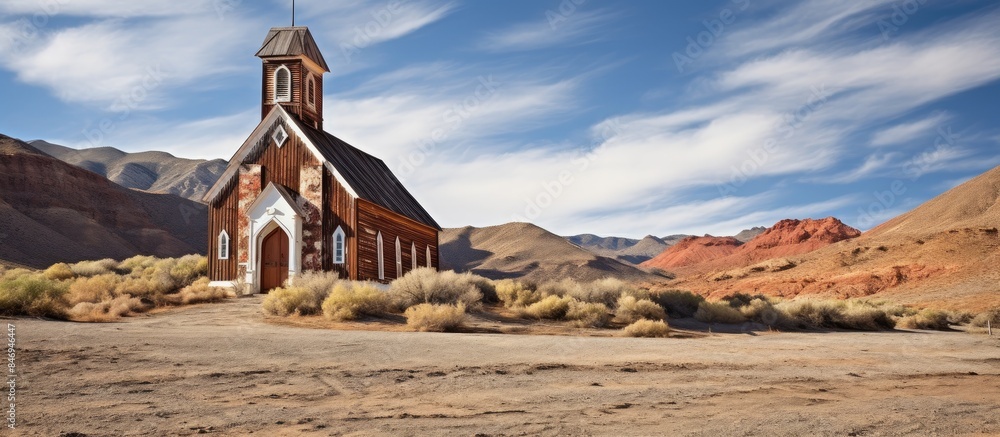 Poster an old church, reminiscent of times past, is situated in the arid desert terrain, surrounded by maje