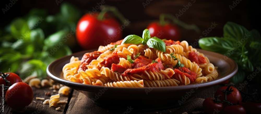 Aufkleber A detailed view of a bowl of pasta garnished with fresh tomatoes and basil leaves. with copy space image. Place for adding text or design