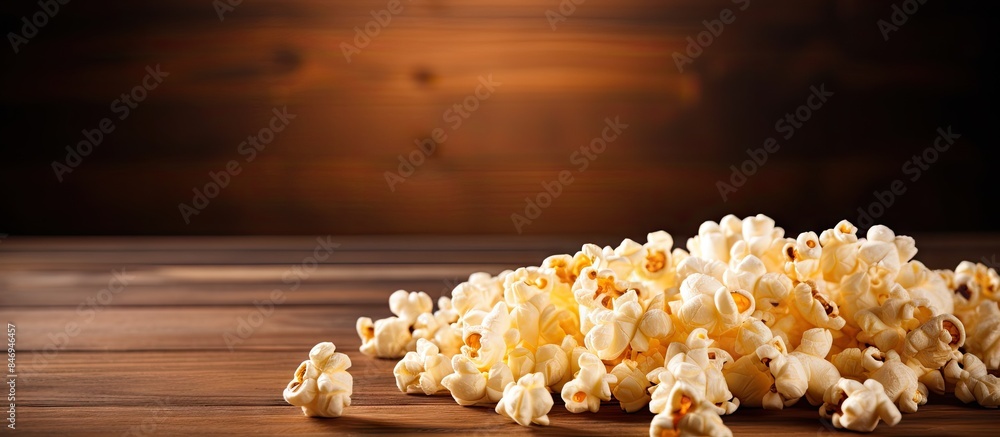 Poster fresh popcorn placed on a rustic wooden table, contrasting against a dark backdrop. with copy space 