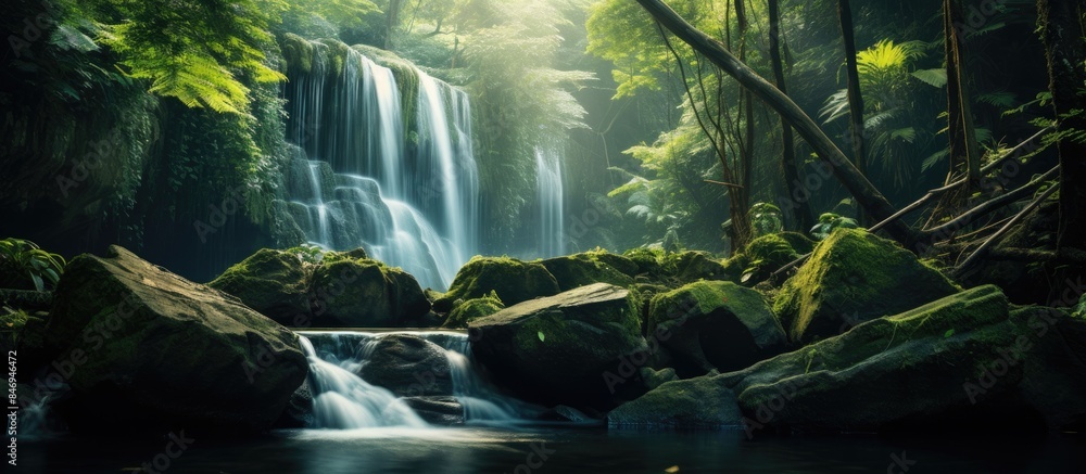Fototapete surrounded by vibrant foliage, a tranquil waterfall cascades over smooth rocks in a dense jungle set