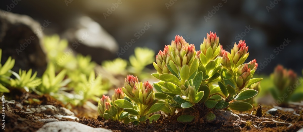 Aufkleber Tiny green vegetation sprouting from the earth's surface, symbolizing growth and renewal. with copy space image. Place for adding text or design