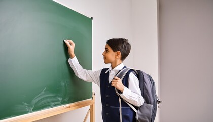 Young Boy Writing with Chalk on Blackboard, Dressed in School Uniform and Backpack