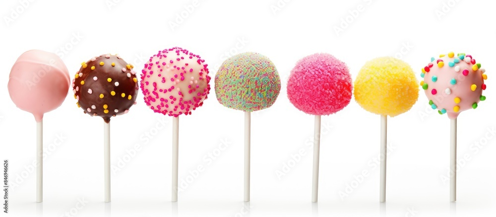 Fototapete Colorful cake pops lined up with sprinkles on top, creating a tempting and delightful display. with copy space image. Place for adding text or design