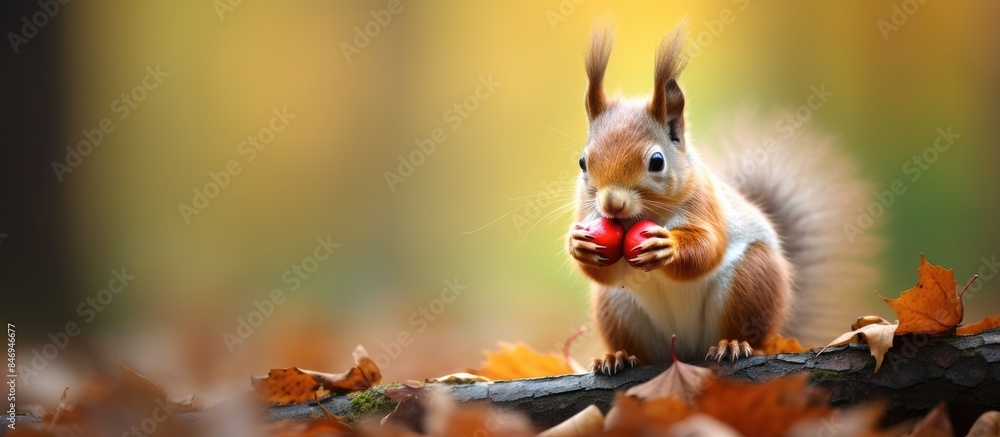 Poster The red squirrel with a nut is feasting on its meal during autumn in the Czech Republic. with copy space image. Place for adding text or design