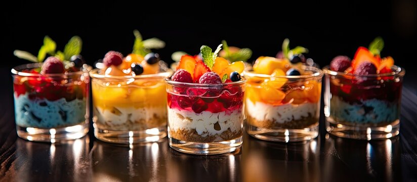 Assorted mini desserts served in glasses topped with fresh fruits, ideal for a catered event. with copy space image. Place for adding text or design