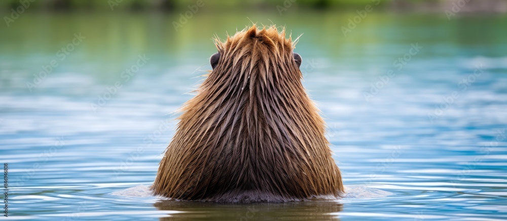 Aufkleber Giraffe with flowing mane standing in shallow water, making eye contact with the camera. with copy space image. Place for adding text or design