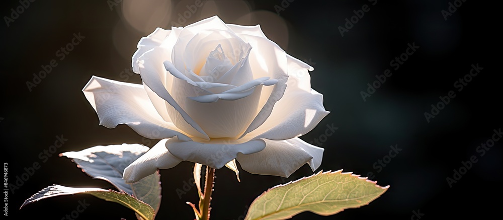 Poster an isolated white rose in bloom captures the radiant essence as the sun illuminates its petals. with