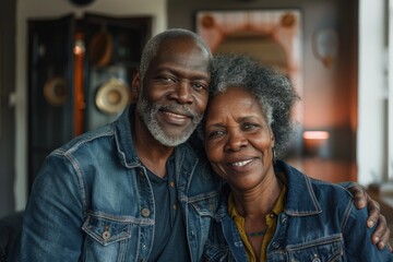 Portrait of a grinning afro-american couple in their 80s sporting a rugged denim jacket over scandinavian-style interior background