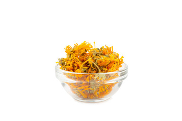 Assortment of dry herbal and berry tea isolated on a white background. Tea party concept. medicinal herbs. Healing herbs.Alternative medicine.Linden, calendula, cornflowers, marigold, tansy, tea rose.