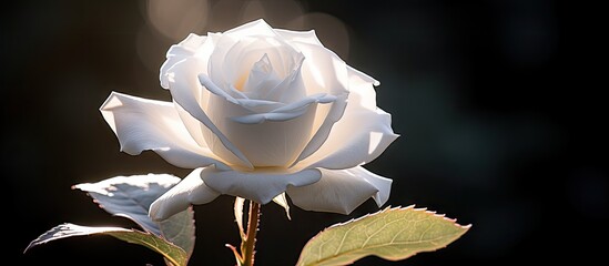 An isolated white rose in bloom captures the radiant essence as the sun illuminates its petals. with copy space image. Place for adding text or design - Powered by Adobe