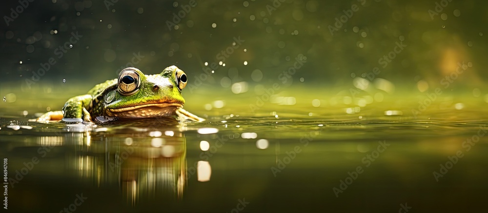 Poster small green frog of the species rana esculenta swims gracefully on the surface of the water. with co