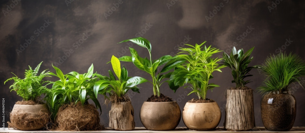 Poster Variety of plants displayed in pots on a table - ornamental and seasonal with visible roots. with copy space image. Place for adding text or design