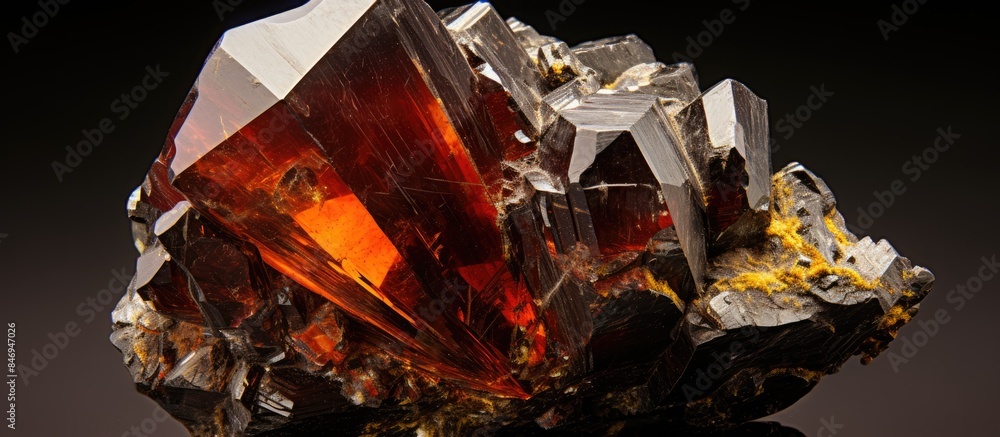 Poster a detailed view of a piece of rock showcasing a red substance, likely sphalerite specimen from rymar