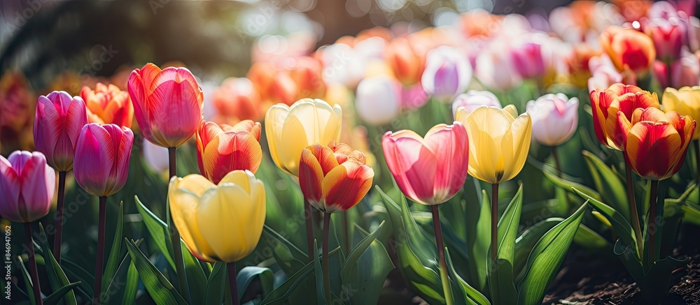 Aufkleber Vibrant tulips of various colors bloom in a spring garden, illuminated by sunny rays. with copy space image. Place for adding text or design
