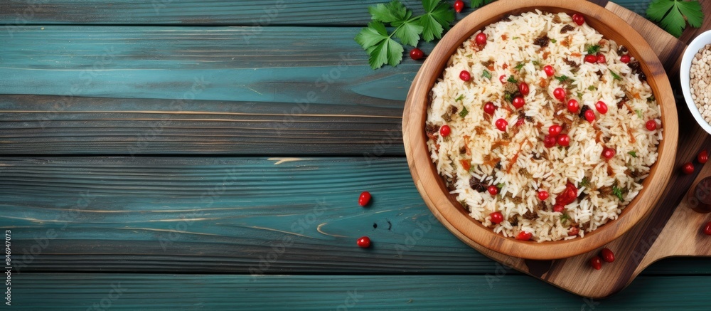 Poster wooden bowl filled with rice and mixed vegetables placed next to another bowl filled with rice. with