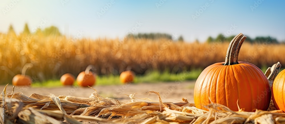 Poster pumpkins resting on a bed of hay in a wide open field with a backdrop of a corn maze and hay ride. w