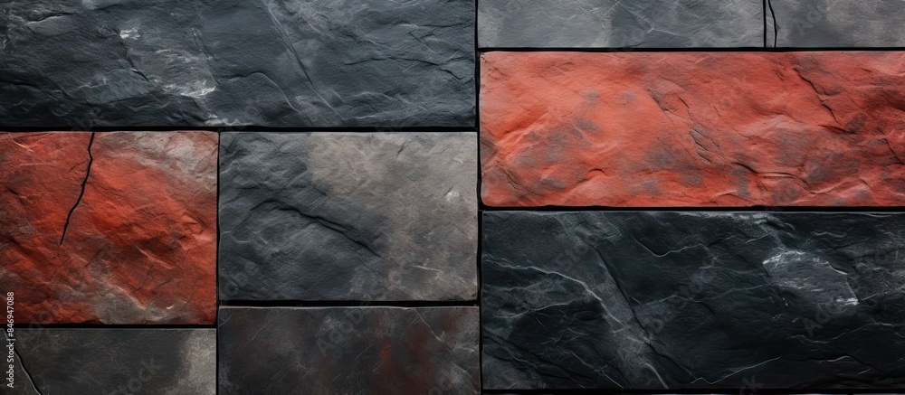 Aufkleber Close-up view of a wall adorned with an array of varied colored stone tiles creating a unique and textured surface. with copy space image. Place for adding text or design
