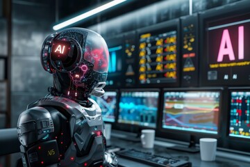 Fototapeta premium AI robot with holographic display, digital art, technology innovation, artificial intelligence, high tech visuals, cyber theme, modern design, sci fi