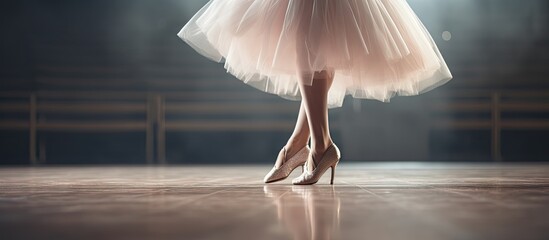 The delicate feet of a ballet dancer in pointe shoes and a tutu, showcasing grace and precision on a stage. with copy space image. Place for adding text or design