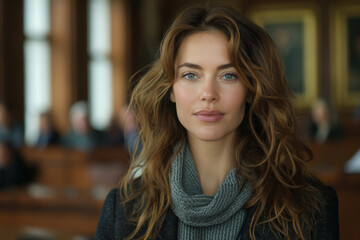 Close up portrait female poses confidently in court to jury and judge. Lawyer and legal concept
