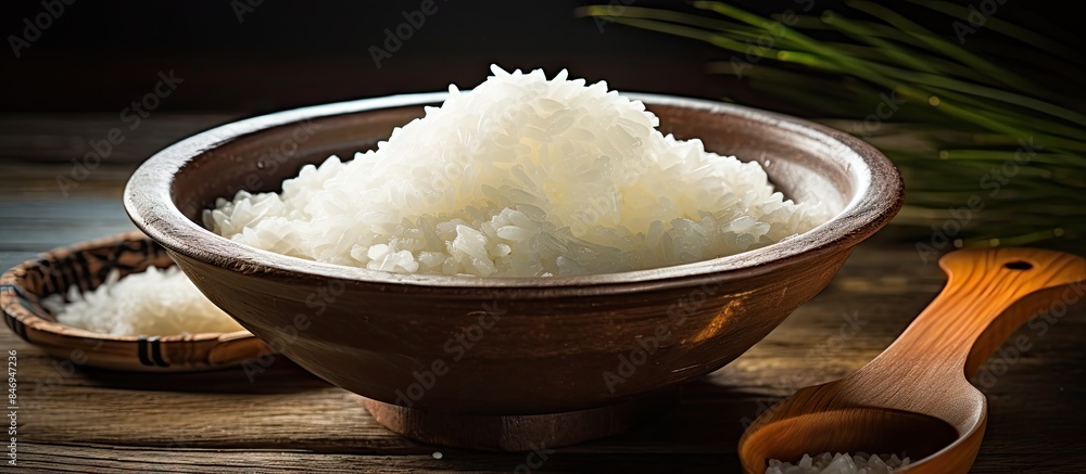 Poster wooden spoon resting beside a bowl of rice on a tabletop, showcasing chinese cooking with soaked sti