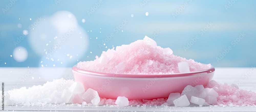 Poster Close-up of a bowl filled with pink sugar on a table. with copy space image. Place for adding text or design