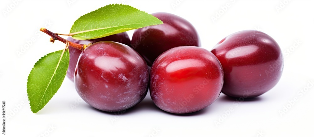 Poster Close-up view of a cluster of ripe plums with green leaves arranged on a clean white background. with copy space image. Place for adding text or design