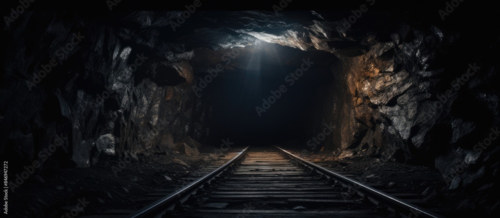 Aufkleber Tunnel with a railroad track running beneath the ground in dim lighting. with copy space image. Place for adding text or design