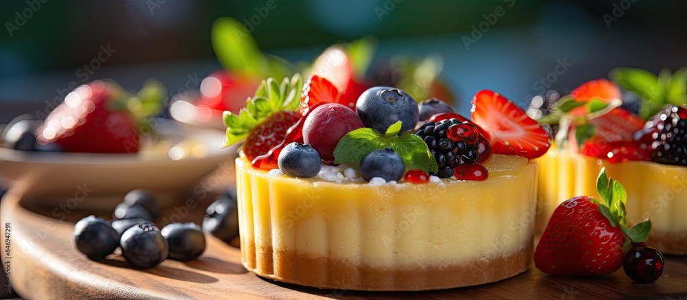 Poster an assortment of three delectable berry desserts showcased on a wooden board, creating a colorful an