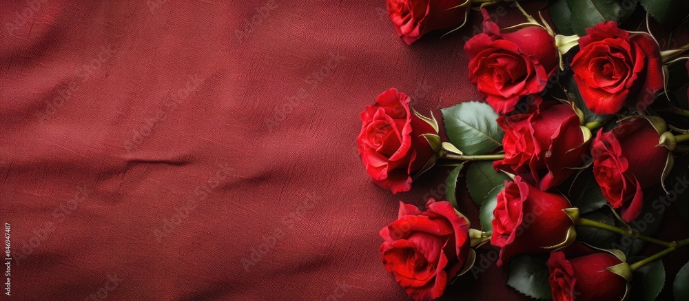 Poster Multiple vibrant red roses blooming on a red textile backdrop viewed from above. with copy space image. Place for adding text or design