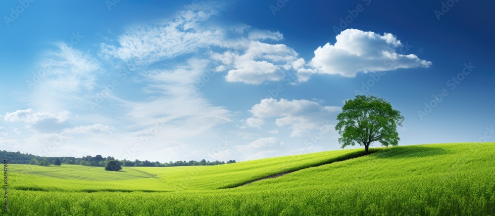 Aufkleber solitary tree standing in a vibrant green field beneath a cloudless blue sky. with copy space image.