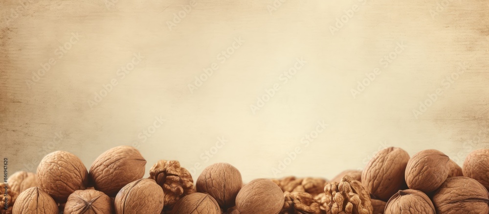 Leinwandbilder several walnuts displayed together on a tabletop, creating a natural and rustic setting. with copy s