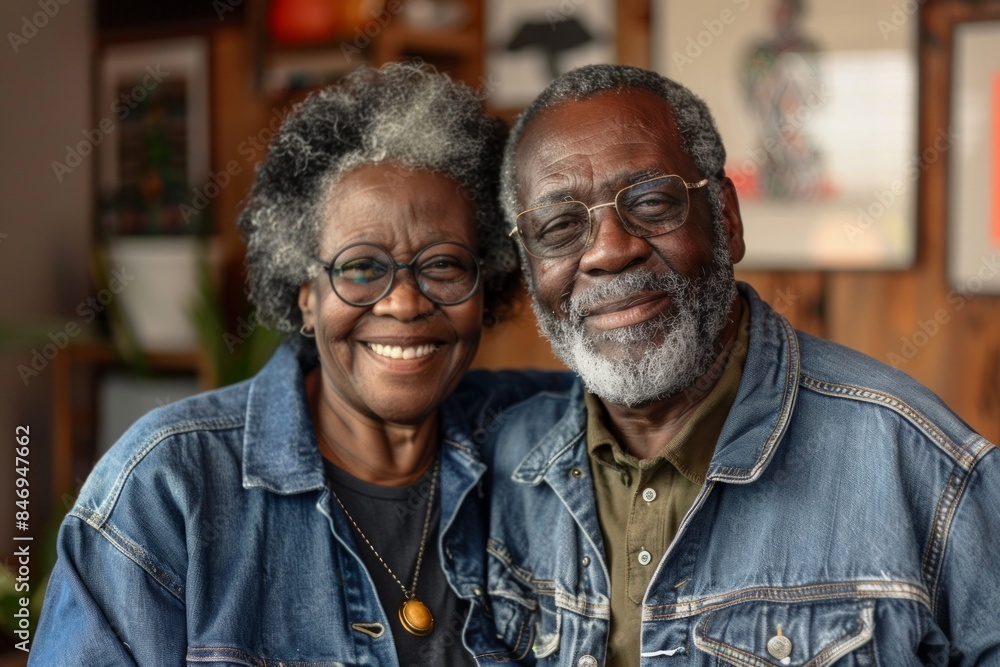 Wall mural Portrait of a grinning afro-american couple in their 80s sporting a rugged denim jacket isolated on scandinavian-style interior background