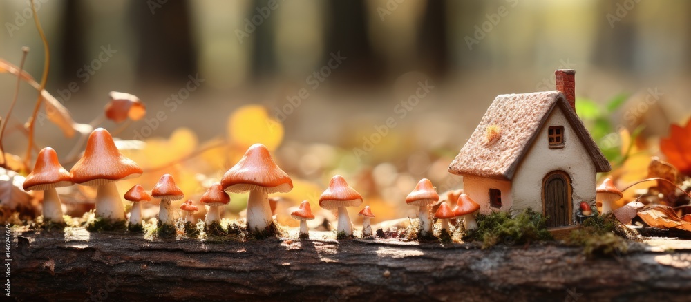 Poster Tiny fungi emerging from a wooden log in autumn near a house. with copy space image. Place for adding text or design