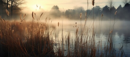 Reeds standing tall by the tranquil lake under a foggy sky, creating a serene and mystical atmosphere. with copy space image. Place for adding text or design