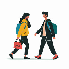 Two young adults walking conversing casually. Female yellow jacket red bag, male dressed black jacket green backpack. Modern casual outfits suggesting urban setting lifestyle, friendly interaction