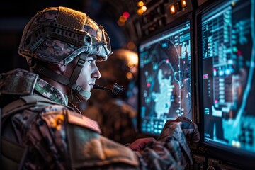 Obraz premium Focused Soldier Utilizing Advanced Technology in Military Command Center