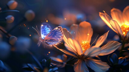 Enchanting macro photography  glowing kadupul flower and butterfly in stunning 3d rendered detail