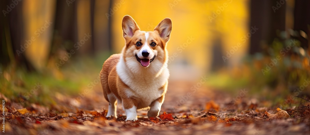 Poster a pembroke welsh corgi is walking on a path surrounded by autumn leaves in a park setting. with copy