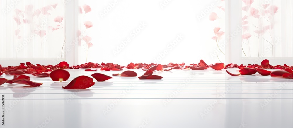 Fototapete numerous rose petals lie scattered across the ground, creating a delicate and romantic setting. with