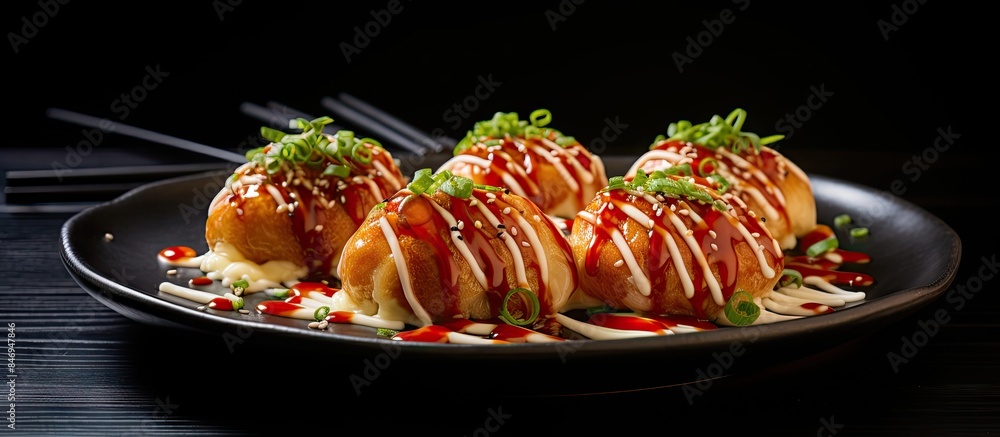 Fototapete plate holds three food items topped with flavorful sauce and toppings, a delicious culinary delight.
