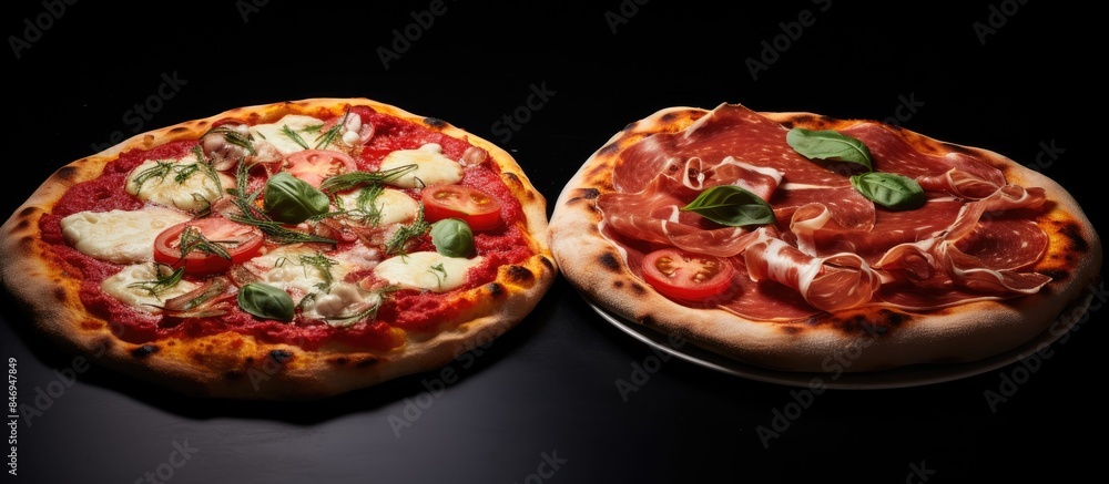 Aufkleber Close-up shots of Neapolitan pizzas with different delicious toppings displayed on a table. with copy space image. Place for adding text or design