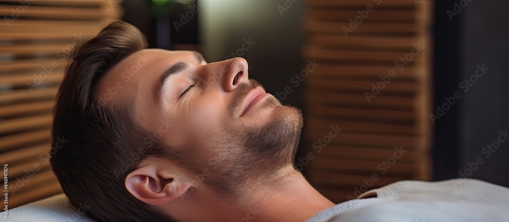 Poster young man lying on a couch, eyes closed in relaxation. with copy space image. place for adding text 