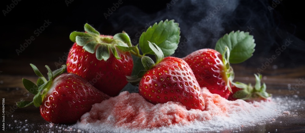 Poster heap of fresh strawberries and granulated sugar arranged on a wooden table in a close-up shot. with 