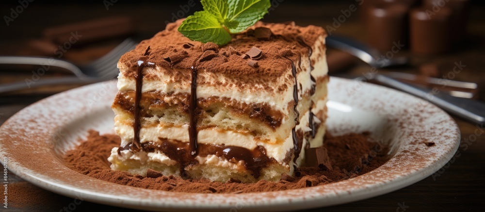 Fototapete delicious cake slice on a dish topped with rich chocolate sauce for a decadent treat. with copy spac