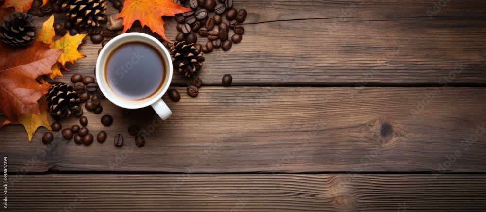 Aufkleber coffee filled mug surrounded by fall leaves, pinecones, and acorns on a rustic wooden surface. with 