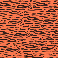Animal skin pattern. Black stripes on red background. Handmade vector illustration for fabric, paper, print.