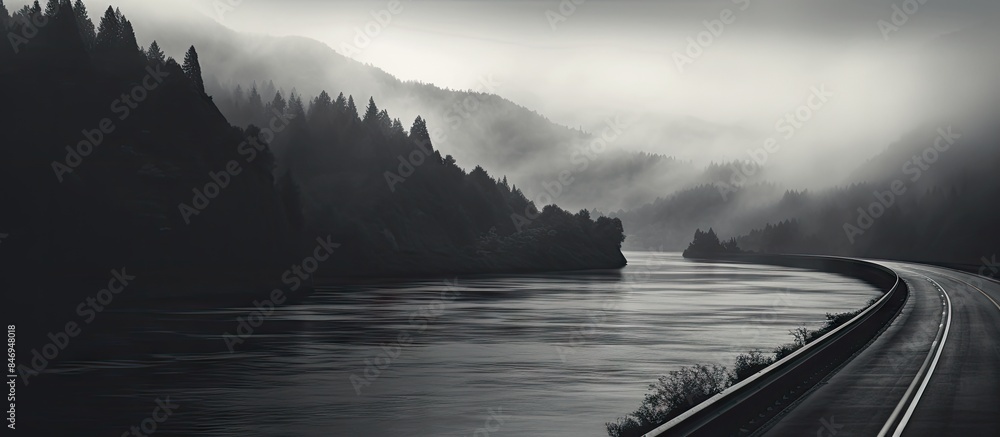 Poster Scenic view of a rural road with a majestic river flowing alongside lush green trees in the background. with copy space image. Place for adding text or design