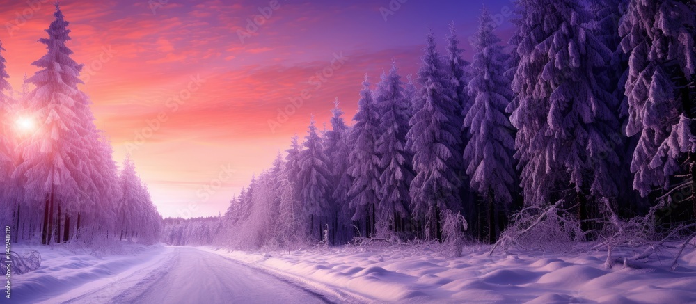 Fototapete Winter evening scene in the forest with a purple sunset casting a serene glow on a snowy road. with copy space image. Place for adding text or design